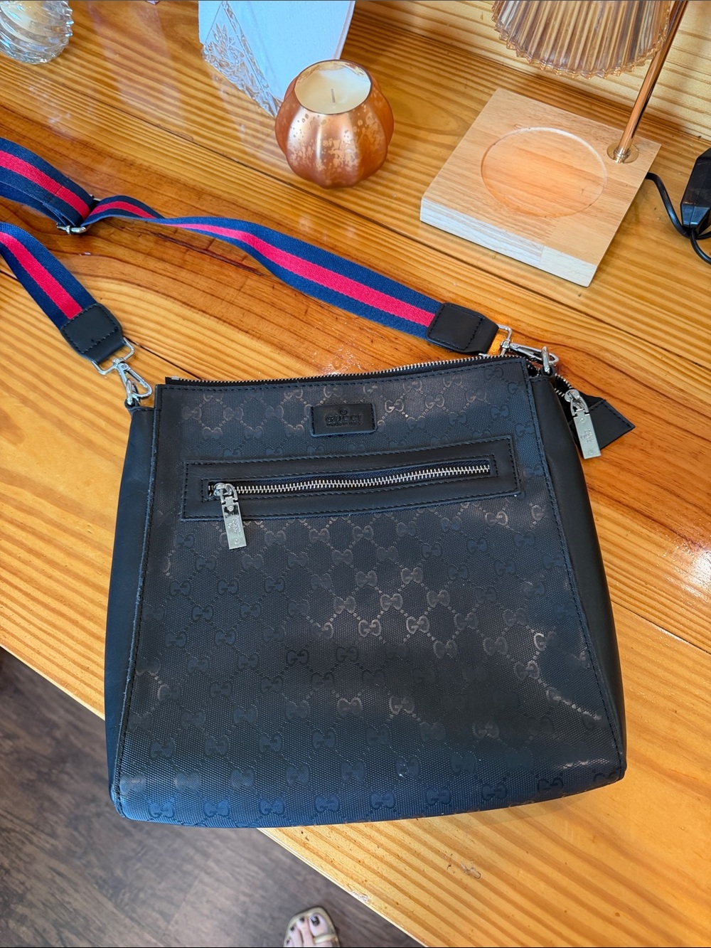 Fucci Black Monogram Messenger Bag with Blue-Red Web Strap